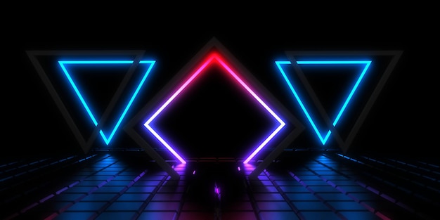 3D abstract background with neon lights neon tunnel space construction 3d illustration