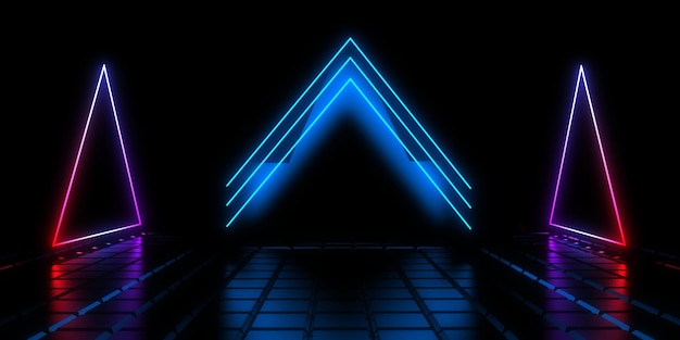 3D abstract background with neon lights neon tunnel space construction 3d illustration