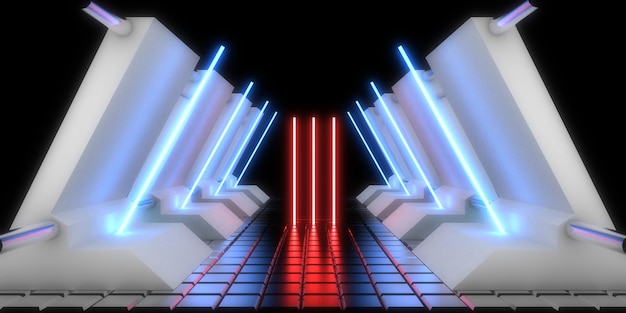 3D abstract background with neon lights neon tunnel space construction 3d illustration