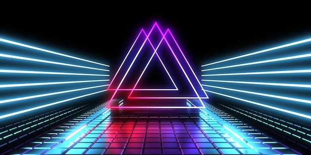 3D abstract background with neon lights neon tunnel space construction 3d illustration