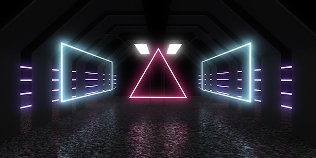 3D abstract background with neon lights neon tunnel space construction 3d illustration