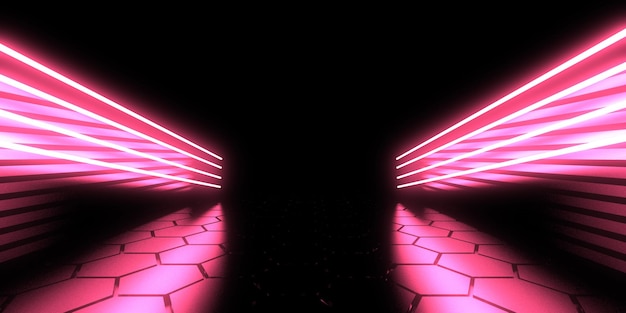 3D abstract background with neon lights neon tunnel space construction 3d illustration