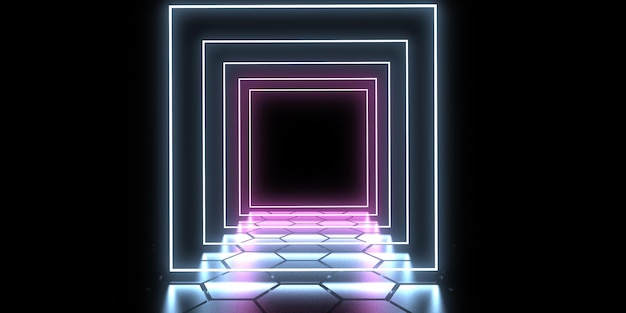 3D abstract background with neon lights neon tunnel space construction 3d illustration