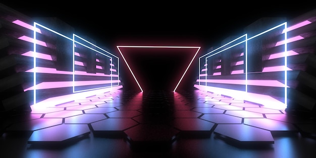 3D abstract background with neon lights neon tunnel space construction 3d illustration