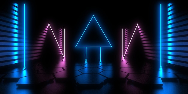 3D abstract background with neon lights neon tunnel space construction 3d illustration