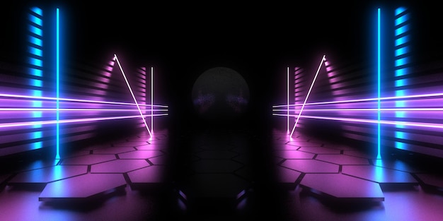 3D abstract background with neon lights neon tunnel space construction 3d illustration