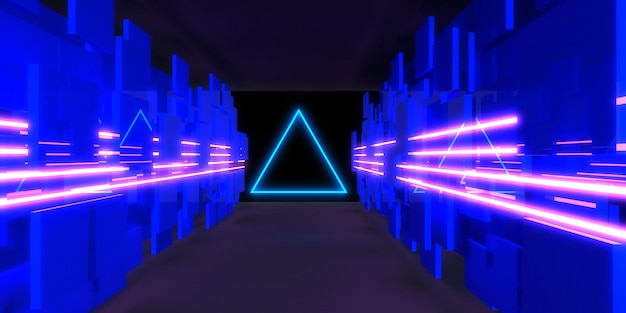 3D abstract background with neon lights neon tunnel space construction 3d illustration