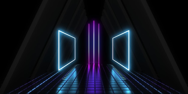 3D abstract background with neon lights neon tunnel space construction 3d illustration