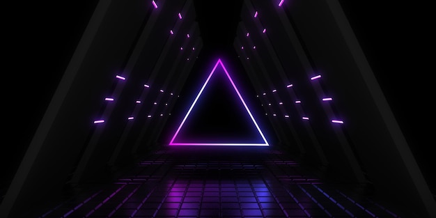 3D abstract background with neon lights neon tunnel space construction 3d illustration