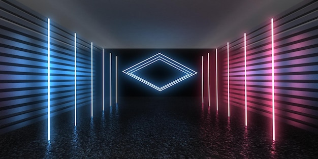 3D abstract background with neon lights neon tunnel space construction 3d illustration