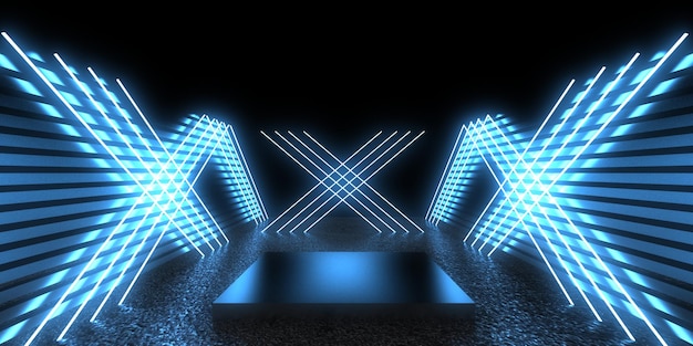 3D abstract background with neon lights neon tunnel space construction 3d illustration