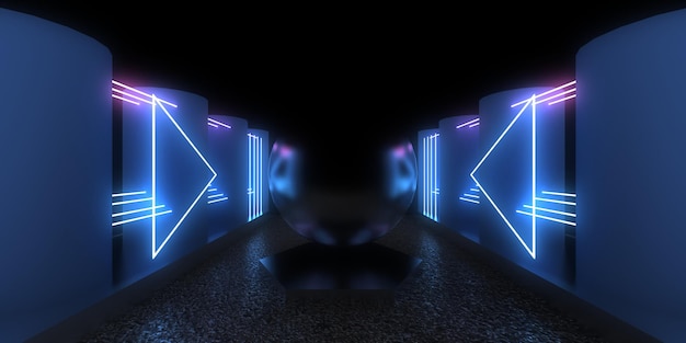 3D abstract background with neon lights neon tunnel space construction 3d illustration