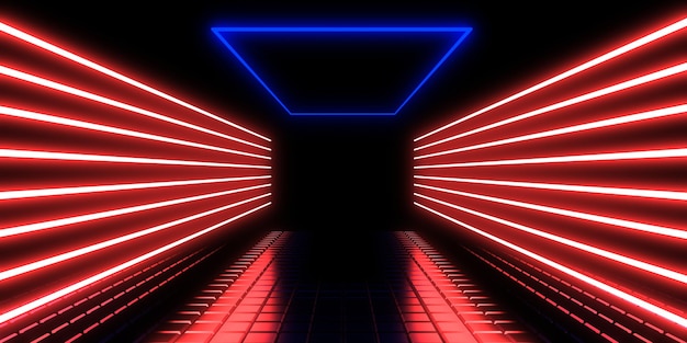 3D abstract background with neon lights neon tunnel space construction 3d illustration