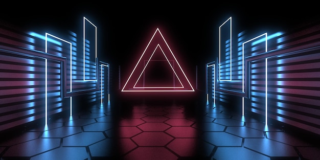 3D abstract background with neon lights neon tunnel space construction 3d illustration