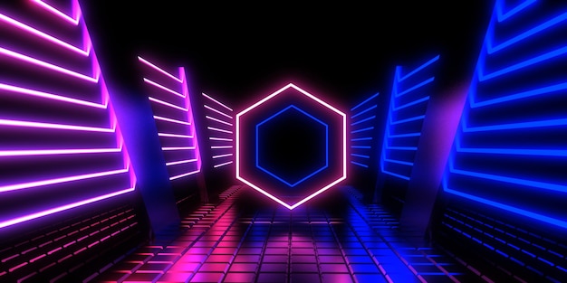 3D abstract background with neon lights neon tunnel space construction 3d illustration