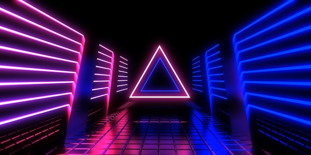 3D abstract background with neon lights neon tunnel space construction 3d illustration