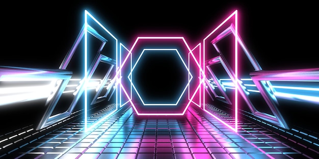 3D abstract background with neon lights neon tunnel space construction 3d illustration