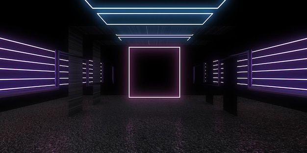 3D abstract background with neon lights neon tunnel space construction 3d illustration