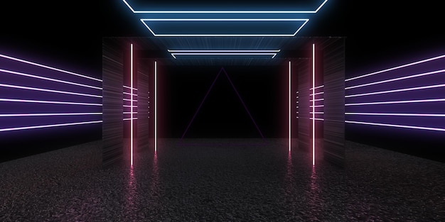 3D abstract background with neon lights neon tunnel space construction 3d illustration