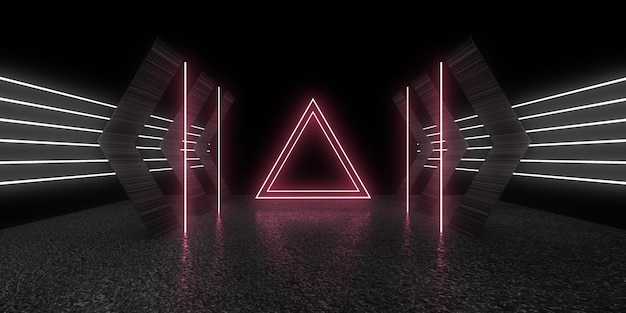 3D abstract background with neon lights neon tunnel space construction 3d illustration