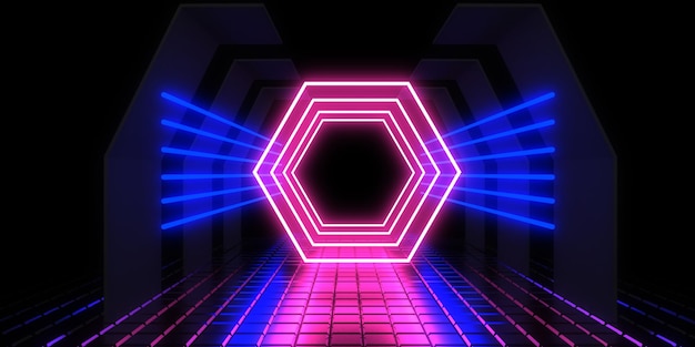 3D abstract background with neon lights neon tunnel space construction 3d illustration