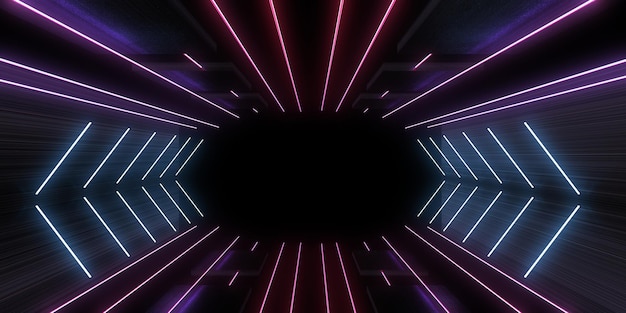 3D abstract background with neon lights neon tunnel space construction 3d illustration