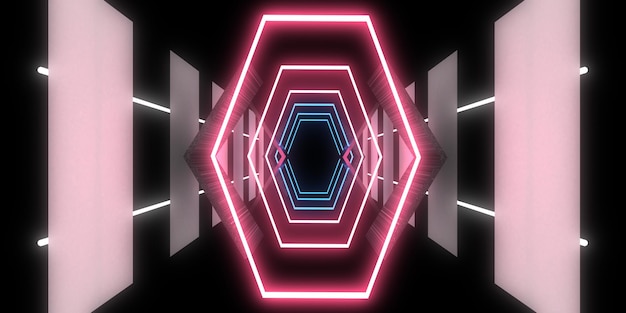 3D abstract background with neon lights neon tunnel space construction 3d illustration