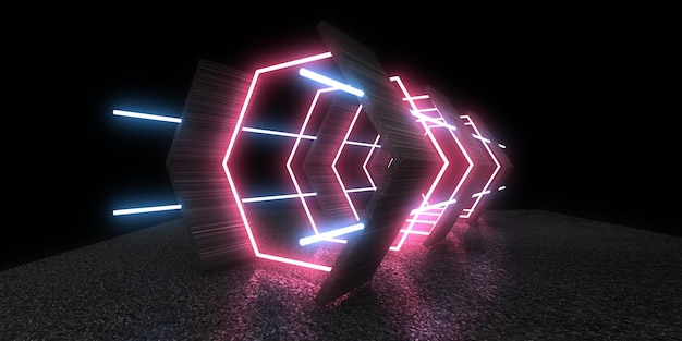 3D abstract background with neon lights neon tunnel space construction 3d illustration