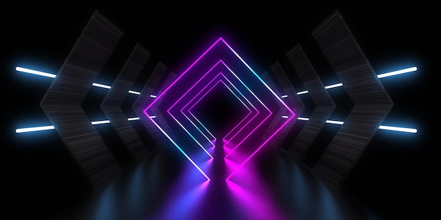 3D abstract background with neon lights neon tunnel space construction 3d illustration