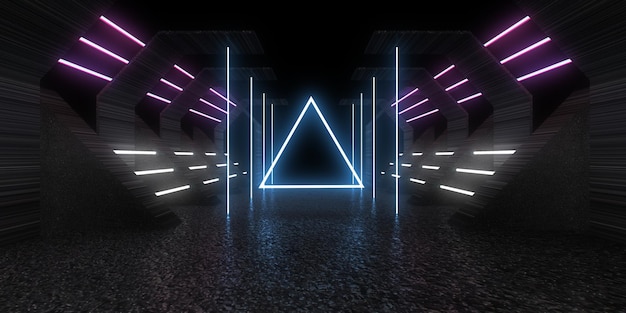 3D abstract background with neon lights neon tunnel space construction 3d illustration