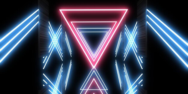 3D abstract background with neon lights neon tunnel space construction 3d illustration