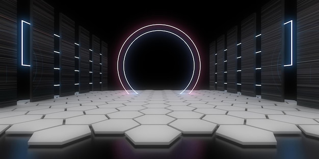 3D abstract background with neon lights neon tunnel space construction 3d illustration