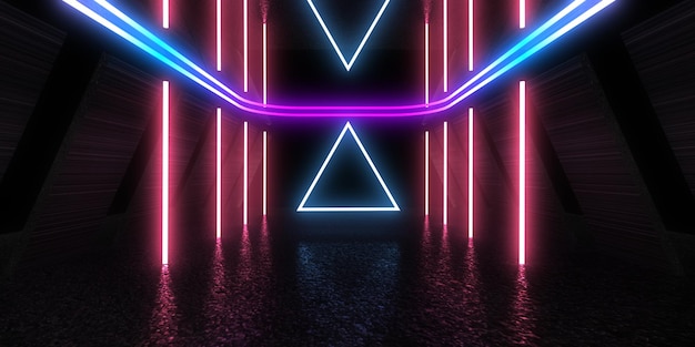 3D abstract background with neon lights neon tunnel space construction 3d illustration