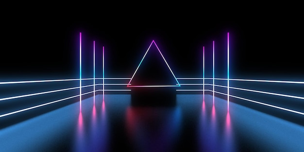 3D abstract background with neon lights neon tunnel space construction 3d illustration