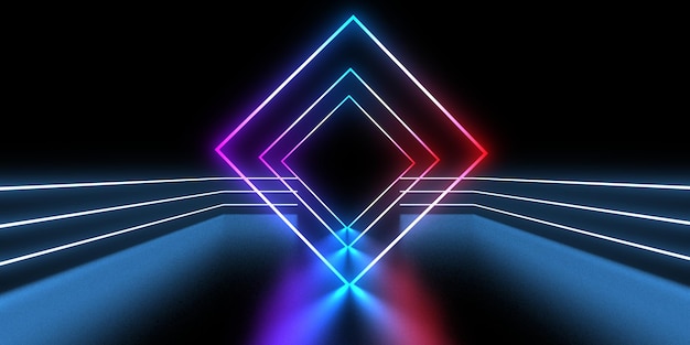 3D abstract background with neon lights neon tunnel space construction 3d illustration