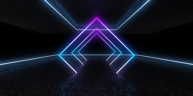 3D abstract background with neon lights neon tunnel space construction 3d illustration