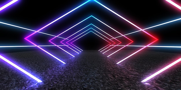 3D abstract background with neon lights neon tunnel space construction 3d illustration