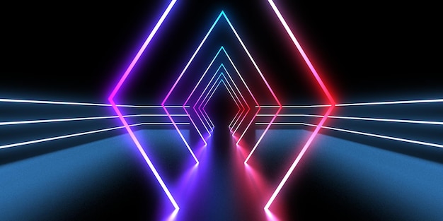 3D abstract background with neon lights neon tunnel space construction 3d illustration