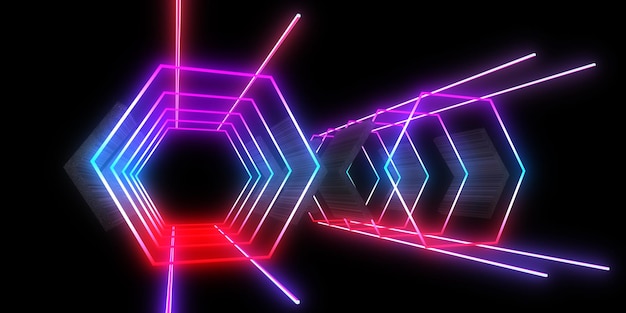 3D abstract background with neon lights neon tunnel space construction 3d illustration