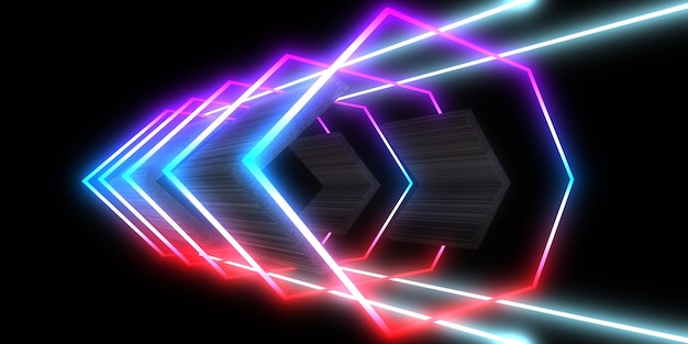 3D abstract background with neon lights neon tunnel space construction 3d illustration