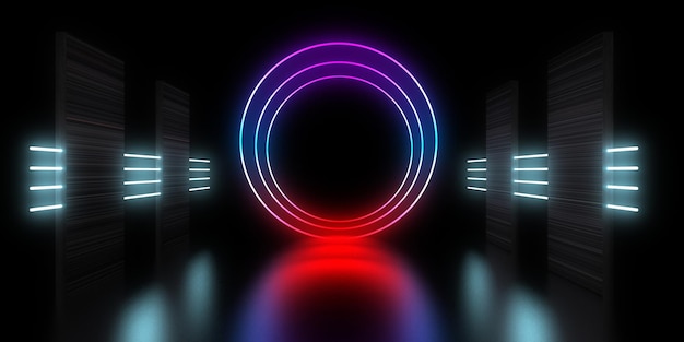 3D abstract background with neon lights neon tunnel space construction 3d illustration