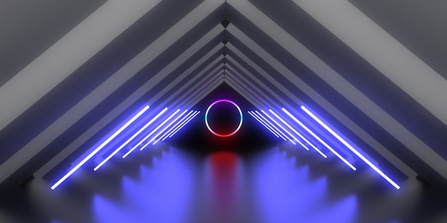 3D abstract background with neon lights neon tunnel space construction 3d illustration