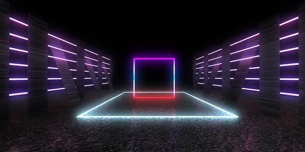 3D abstract background with neon lights neon tunnel space construction 3d illustration