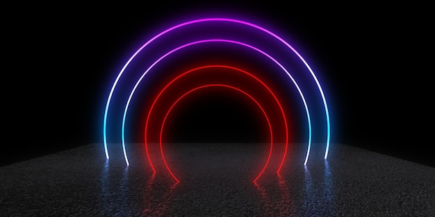 3D abstract background with neon lights neon tunnel space construction 3d illustration