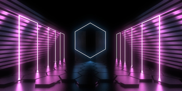 3D abstract background with neon lights. neon tunnel  .space construction . .3d illustration