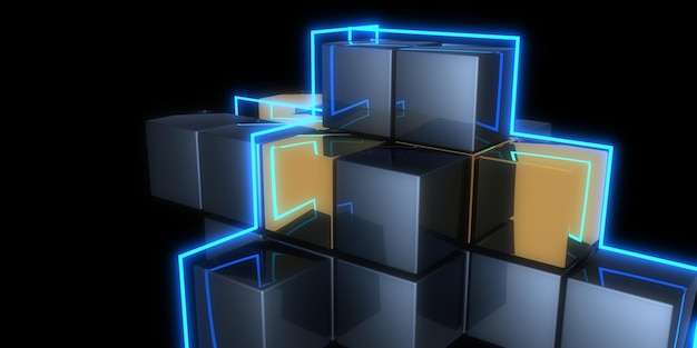 3D abstract background with neon lights neon tunnel space CUBES construction 3d illustration