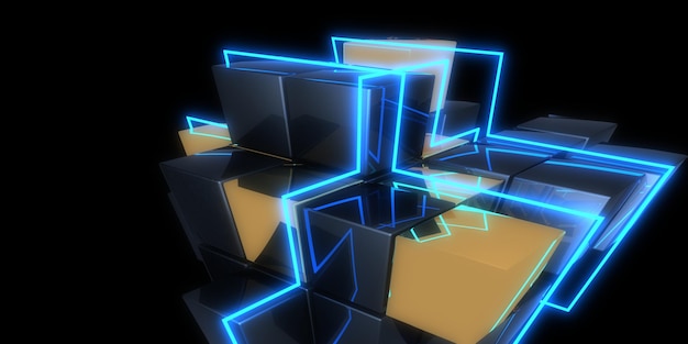 3D abstract background with neon lights neon tunnel space CUBES construction 3d illustration