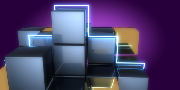 3D abstract background with neon lights neon tunnel space CUBES construction 3d illustration