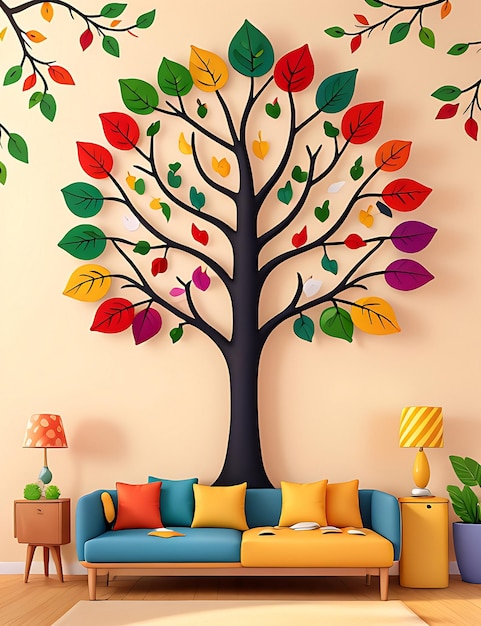 3d abstract Colorful tree with leaves on hanging branches illustration background generative ai