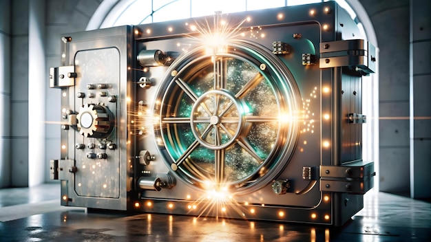 3D Abstract Digital Vault with Glowing Elements Symbolizing Savings and Financial Security Creativ